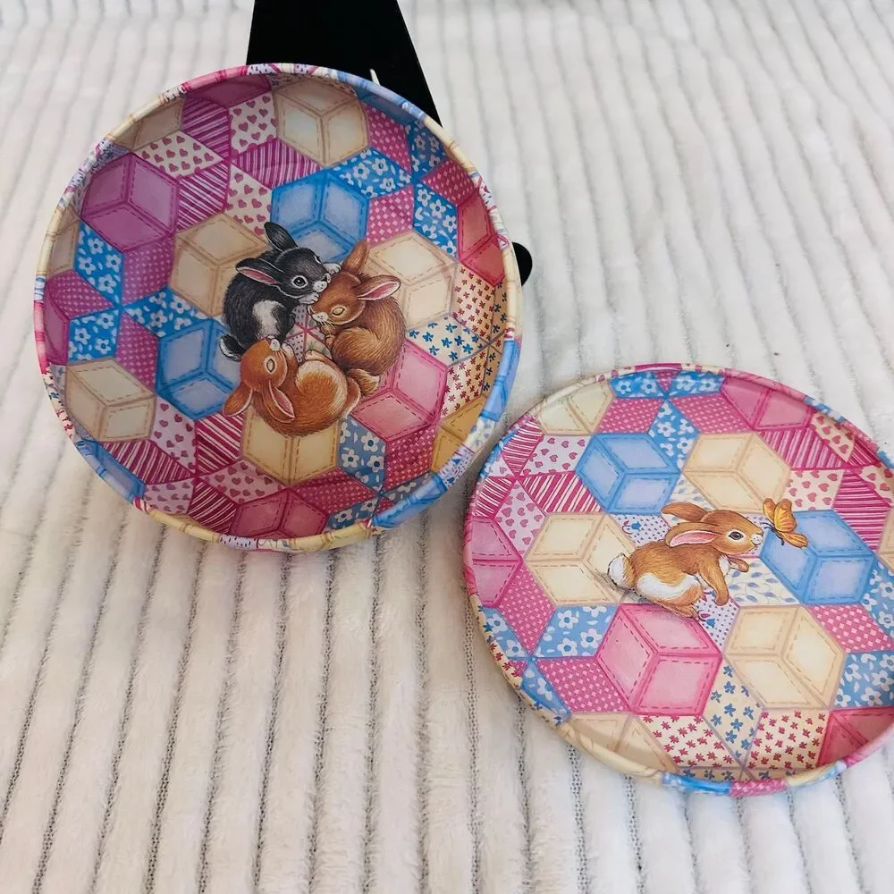 Vintage Decorative Tin with Quilted print and  Bunny Rabbits
